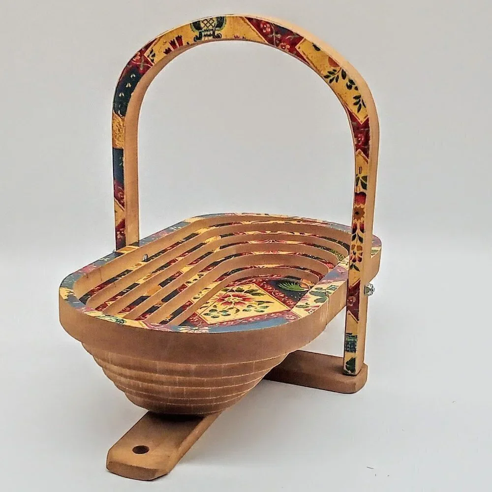 Collapsible Oval Wood Red Green Farmhouse Painted Basket